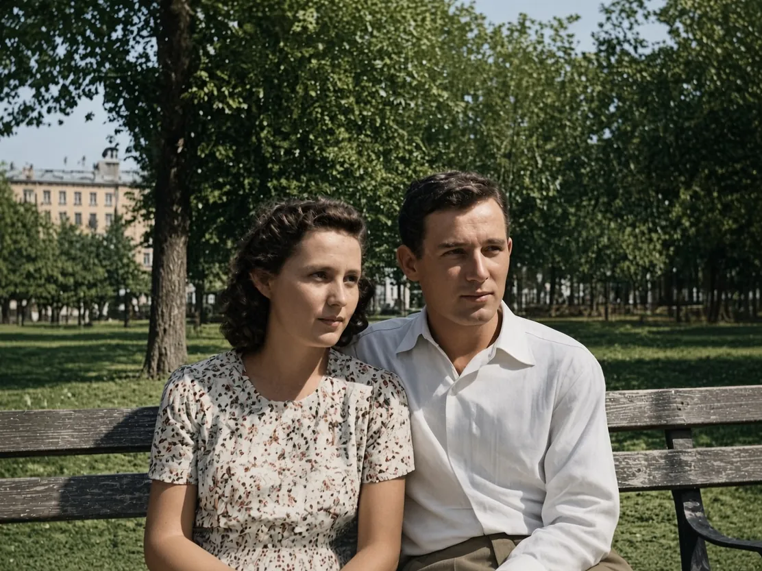 После: Пара в парке, 1940-е · раскрашено
