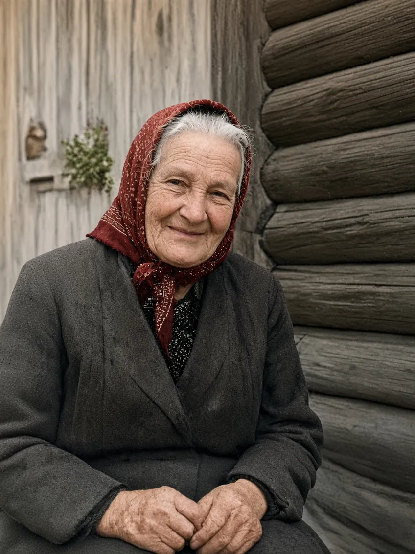 После: Бабушка у сруба · раскрашено