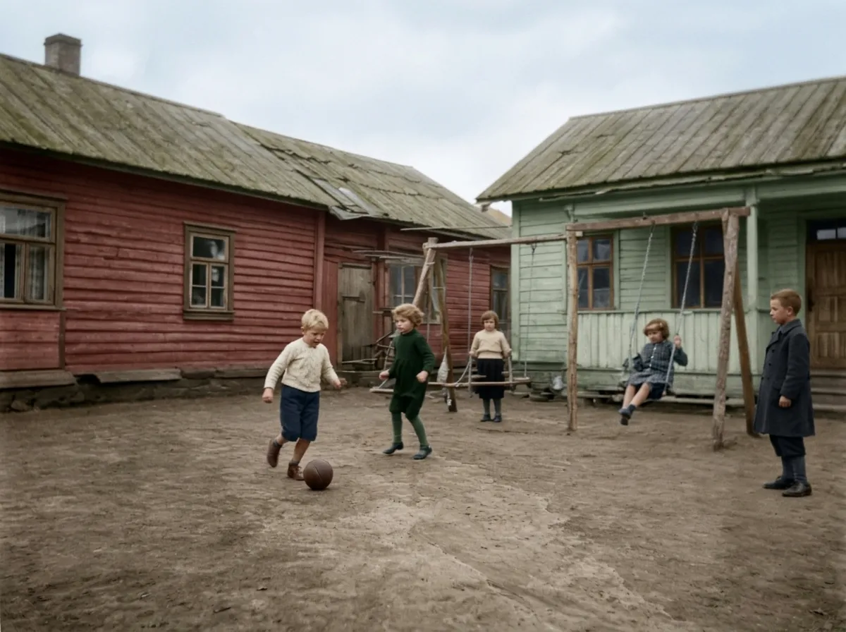 После: Дети во дворе, 1950-е · раскрашено