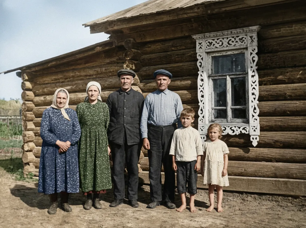 После: Деревенская семья у дома · раскрашено