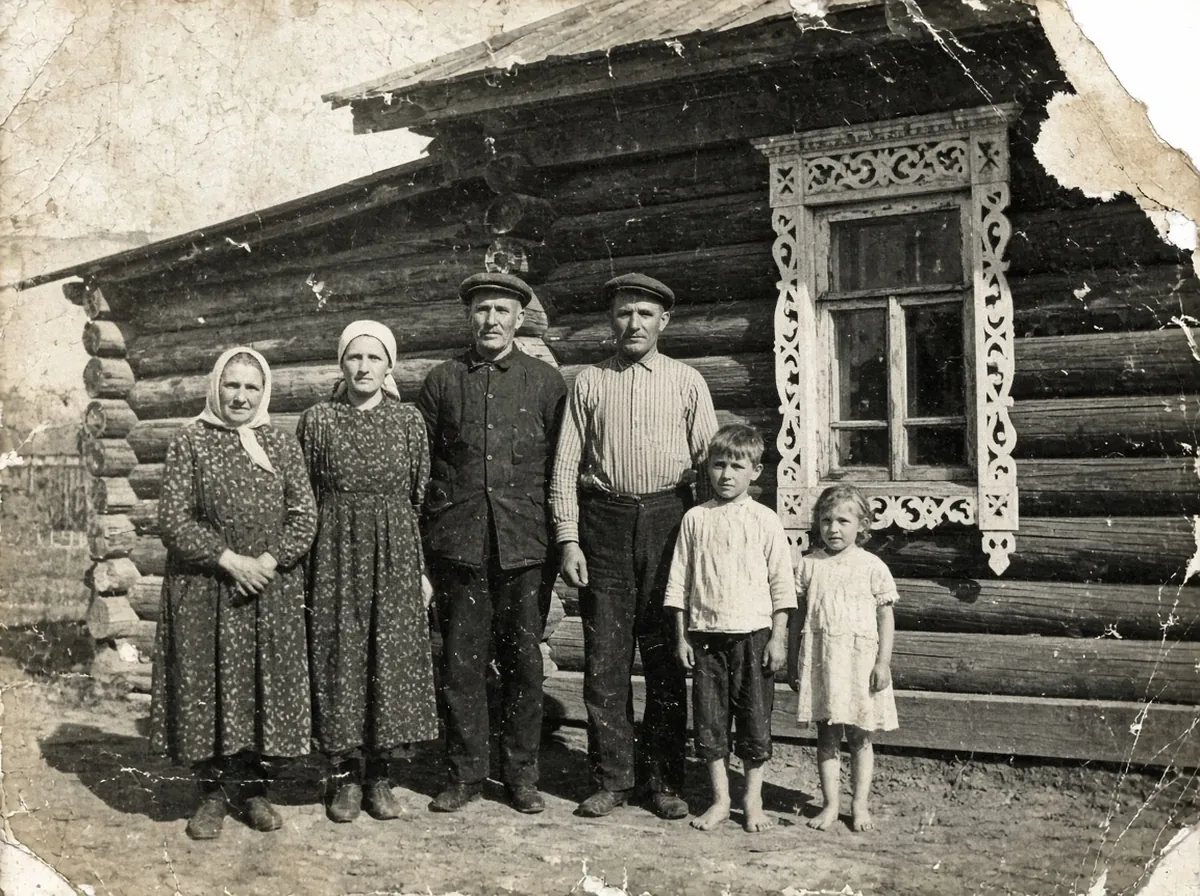 До: Деревенская семья у дома · раскрашено